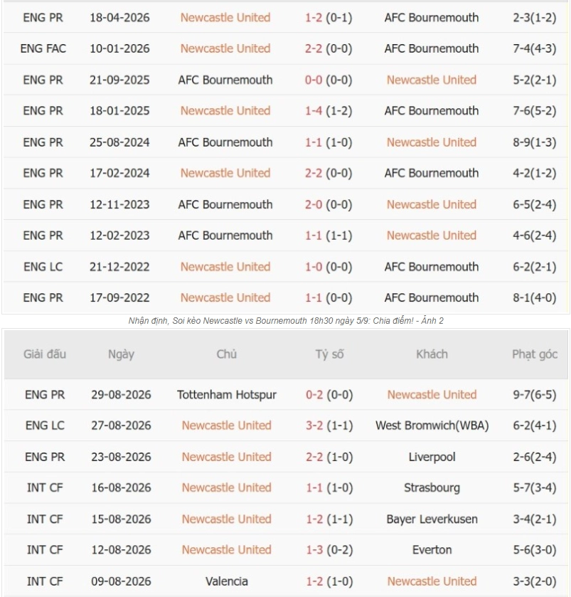 Tổng quan thông tin hai đội Newcastle vs Bournemouth